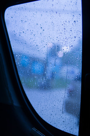 Water drop onâ€‹ glass ofâ€‹ carâ€‹ onâ€‹ theâ€‹ Roadâ€‹ in rainy...