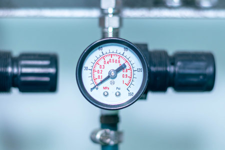 Pressure gauge on a gas regulator in a laboratory analytical equipment.の写真素材