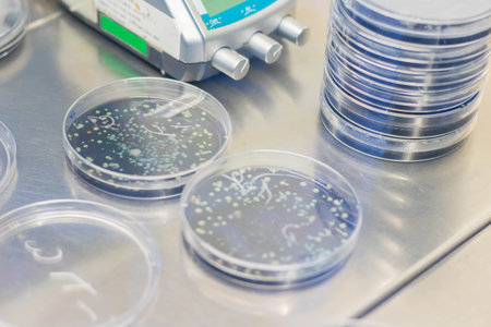 Petri dish with bacterial colonies on petri dish in microbiology laboratory