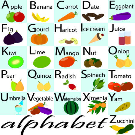 Vector alphabet, capital letters with fruits and vegetables ornament. Alphabet for kids with fruits and vegetables. Back to school. Learning English food alphabet. ABC cards.のイラスト素材