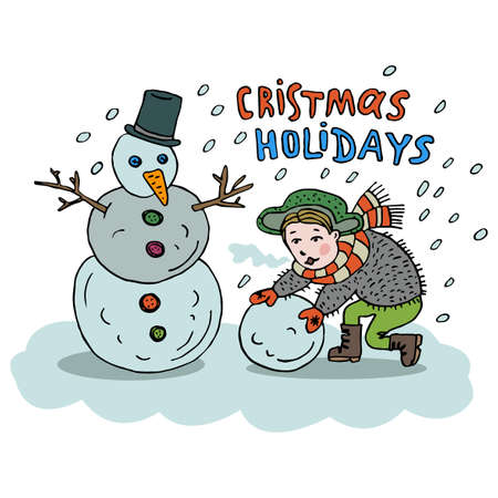 Vector, cute kid makes a snowman, cartoon concept, New Year 2016 illustrationのイラスト素材