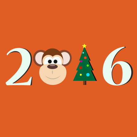 New Year card design with cute monkey and Christmas Tree. Vector illustration. Invitation poster for New Year eve celebration. Monkey symbol of the year.  Creative poster. Abstract cartoon graphicのイラスト素材