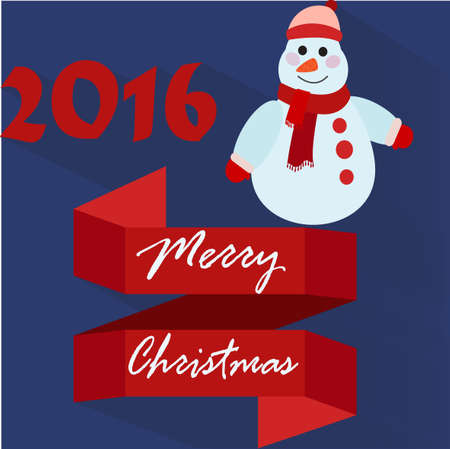 Stylish modern snowman in a red hat and scarf. Snowman greeting. Cute greeting card with amazing snowman. Vector design illustration. Banner with congratulation text. New Year and Christmas concept.のイラスト素材