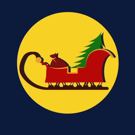 Santa Claus in sleigh carrying New Year tree. Father Frost pulls the sledge overfilled with the gifts. Vector illustration. Invitation poster for New Year eve celebration. Abstract cartoon graphicのイラスト素材