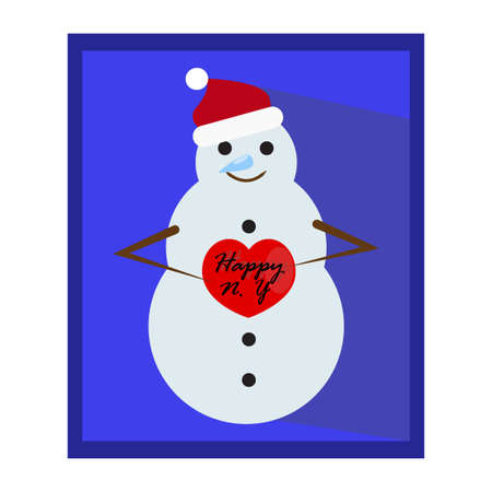 Snowy snowman in red Santa Clause hat. Cool snowman with a red heart. Funny cute smile and cool nose. Festive and Christmas greeting card. Flat design. Editable vector illustration template.のイラスト素材