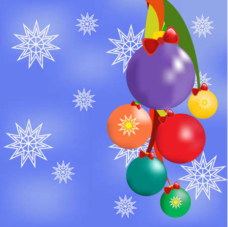 Merry Christmas and Happy New Year background with baubles and snowflakes. Template for greeting or postcard, vector illustration. New Year and Christmas concept. Universal vector backgroundのイラスト素材