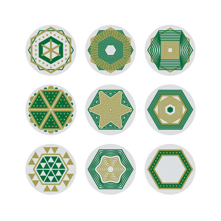 Company vector icon design elements. Set of nine abstract hexagon shaped vector symbols. Collection of creative symbols for your design. Different geometric figures isolated on white background.のイラスト素材