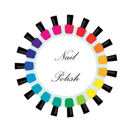 Set bottles of nail polish in various colors. Manicure and pedicure design. Modern girl accessories. Glamour fingernails. Trendy bright colors. Women collection. Vector illustrationのイラスト素材