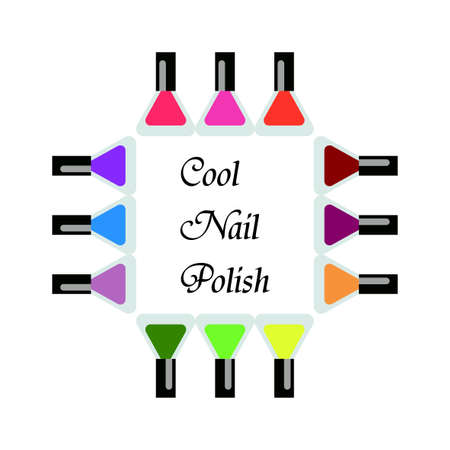 Set bottles of nail polish in various colors. Manicure and pedicure design. Modern girl accessories. Glamour fingernails. Trendy bright colors. Women collection. Vector illustrationのイラスト素材