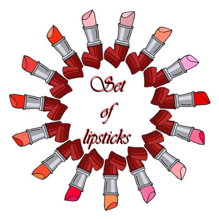 Set of lipsticks isolated on white background. Modern girl accessories. Glamour lipsticks. Trendy bright colors. Women collection. Vector illustrationのイラスト素材