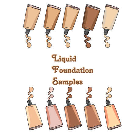 Vector illustration of ten bottles of foundation, in different shades isolated on white background. Set of liquid foundation samples. Soft colors. Women accessories. Fashion cream careのイラスト素材