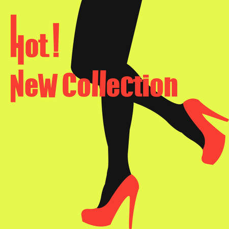 New collection of shoes. New spring and summer collections. Special offer. Slender legs in red shoes. Sexy legs in our shoes. Can be used for flyers, banners or posters. Vector illustrationのイラスト素材