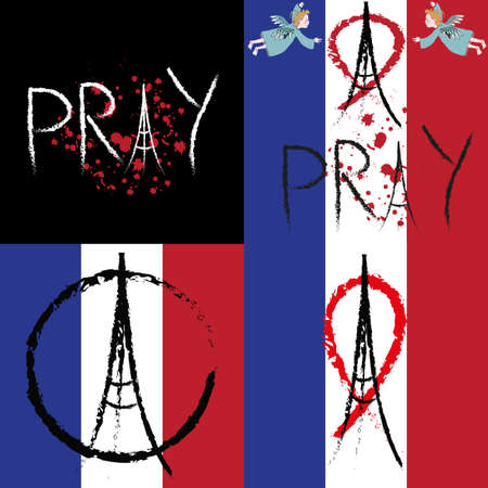 Set of illustrations pray for Paris. Black ribbon on the flag of France. Terrorist attack on 13 November 2015. Day of Mourning. The monument to the innocent victims. Share sadness. Vectorのイラスト素材