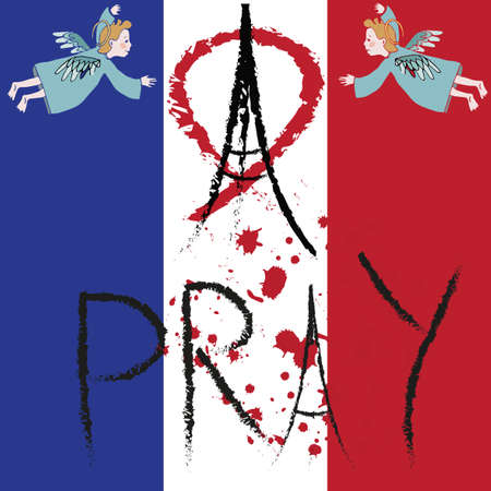 Freehand sketch illustration of praying hands and Eiffel Tower. Abstract banners with strokes isolated on black background. Peace for Paris, Pray for Paris and France. Pray for killed victims. Vectorのイラスト素材
