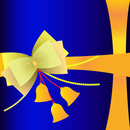 Greeting Card design. Bows and bells cute decoration. Yellow ribbon on deep blue background packing. Vector illustration editable templateのイラスト素材