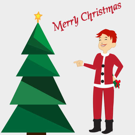 Christmas card with green Christmas tree with yellow star on grey background. Boy in Santa's costume. Merry Christmas Title. Vector illustration editable template.のイラスト素材