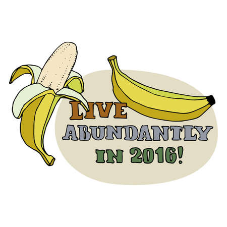 Happy New Year greeting card. Bananas for monkey year. Live abundantly in 2016 title isolated on beige background. Hand drawn digits and letters. Cartoon style. Editable vector illustration templateのイラスト素材
