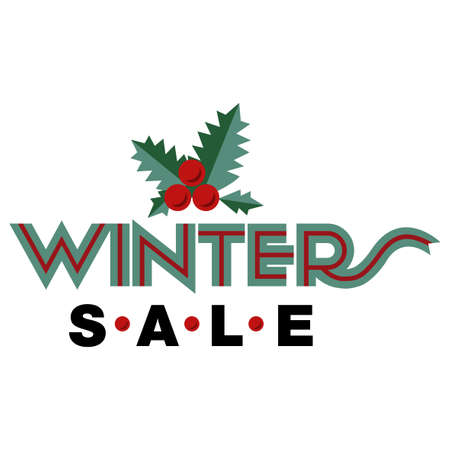 Sale and discount card, banner, flier. Winter sale title. Mistletoe, hand drwan letters composition isolated on white background. Red berries and green leaves. Editable vector illustration templateのイラスト素材