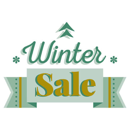 Sale and discount card, banner, flier. Winter sale title. Green pine tree icon, snowflakes, ribbon, hand drwan letters composition isolated on white background. Editable vector illustration templateのイラスト素材