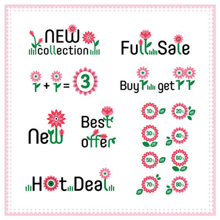 Spring sale and discount set of hand drawn cartoon labels. Best offer, hot deal, new collection, new, full sale. Sweet colorful flowers. Banner, flier, board. Shoping sticker. Price reduction. Vectorのイラスト素材