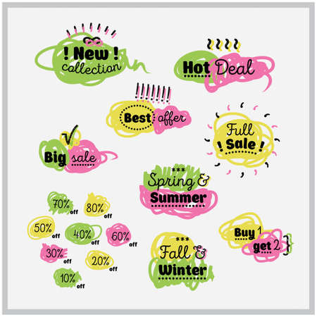 Sale and discount set of hand drawn comic labels. Best price and special offer. Felt pen effect. Banner, flier, board. Shopping sticker. Price reduction. Trade commerce element. Promo sign. Vectorのイラスト素材