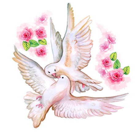 Watercolor colorful  birds. Two pigeons love silhouettes. Kissing doves isolated on white background. Wedding card or engagement, engage, valentines day, marriage, birthday, happiness, watercolor painting illustration design. Postcardの写真素材