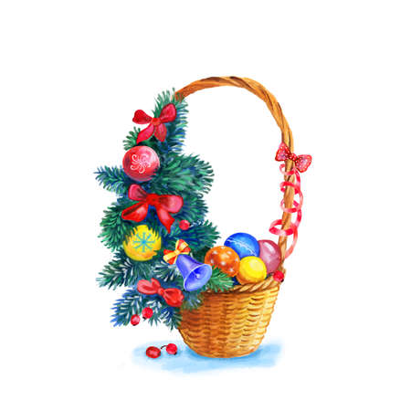 A Christmas basket with ball baubles, fir tree branches, bells and bows.  Watercolor illustration. Can be used for posters, invitations and greeting cards. New Year concept. Clip artのイラスト素材