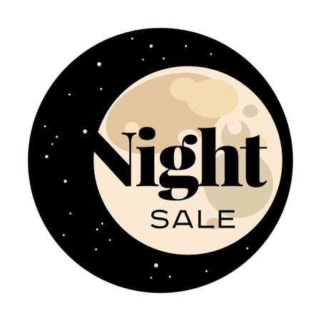 Sale and discount card. Black friday offer. Night sale title. Moon, planet on black background with stars shining in space sky. Late sell-out. Editable illustration templateのイラスト素材