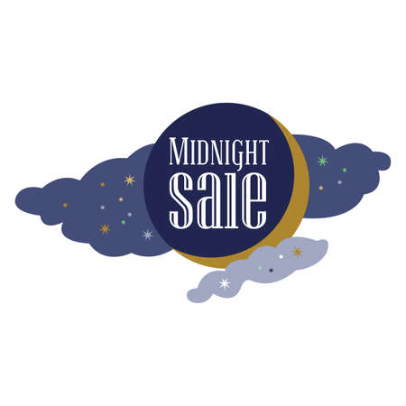 Sale and discount card Black friday offer. Midnight sale title. Cartoon moon, planet on blue background with stars shining in space sky. New moon. Editable illustration templateのイラスト素材