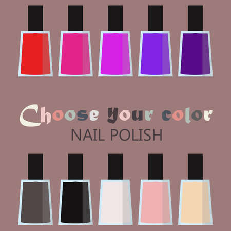 Group set of bright nail polish bottles. Women makeup accessory. Many nail polish bottles set in a circle. Various rainbow modern colors. Fingernail and pedicure palette. design illustration.のイラスト素材
