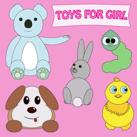 Toys for girl set isolated on pink background. Teddy bear, hair, rabbit, chicken, dog, puppy, green caterpillar. Cartoon style editable vector illustration template. Newborn baby girl, little princessのイラスト素材