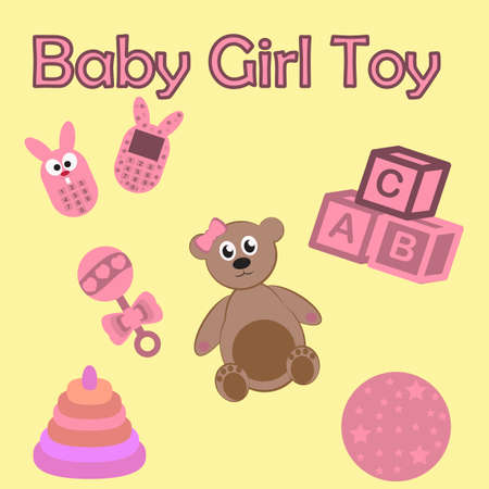 Toys for girl set isolated on yellow background. Teddy bear, rattle, ball, toy phone, calculator, blocks, bricks, children's pyramid. Cartoon style editable vector. Newborn baby girl, little princessのイラスト素材