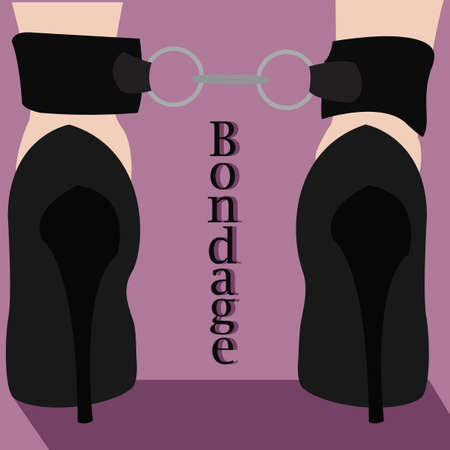 Woman's legs binded with bondage chains. Black high heels, ankles bounded. Black leather. BDSM. Sex game, erotic practices, role-playing, dominance, sadomasochism, interpersonal dynamics. Vectorのイラスト素材
