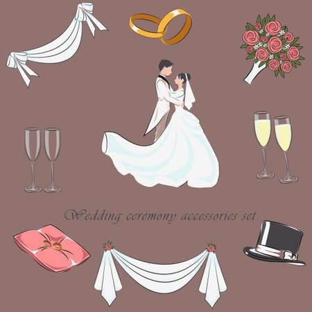 Wedding ceremony accessories set. Flat vector set with items. Graphic elements for design of invitation card for marriage announcement: dress, rings, bouquet, veil, bride, groom, glasses,  cylinder.のイラスト素材