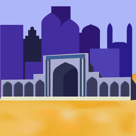 Mosques silhouette on blue night background. Vector flat illustration. Ramadan Kareem label. Greeting card. Holiday design for holy month of Muslim community.のイラスト素材