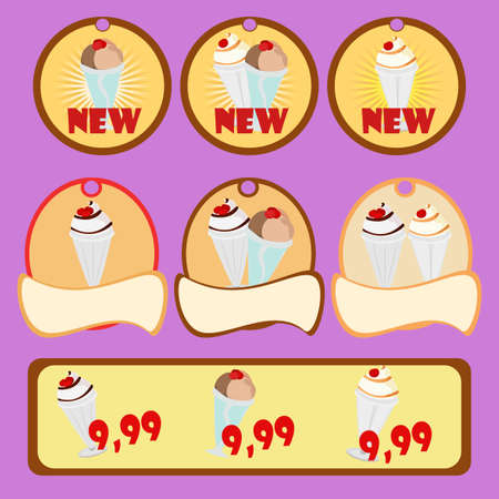 Ice creams with ready to use stickers for sale. Banners for advertisement. Restaurant menu. Price labels. Dessert menu design. Tasty delicious ice cream icons set. Break for a dessert. Vectorのイラスト素材