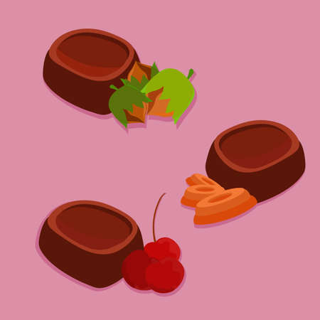 Set of chocolate candies with different tastes. Candies with nuts, caramel and cherries. Tasty desserts. Gourmet menu. Coffee sweets. Banners for advertisement.  Delicious chocolate icons. Vectorのイラスト素材