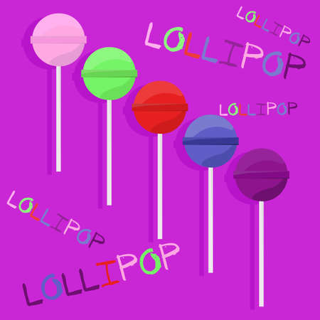 Bright lollipops icons over purple background. Sweet lollipop candy set. Colorful sugar canes. Celebration card elements. Isolated round lollipop collection. Dessert menu design. Vector illustrationのイラスト素材