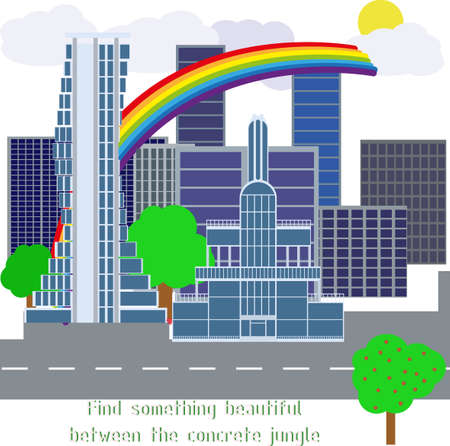 Modern city with developed infrastructure. Flat style skyscrapers. Ecologically clean city with a rainbow over the buildings. Save the environment together. Protection from air pollution. Vectorのイラスト素材