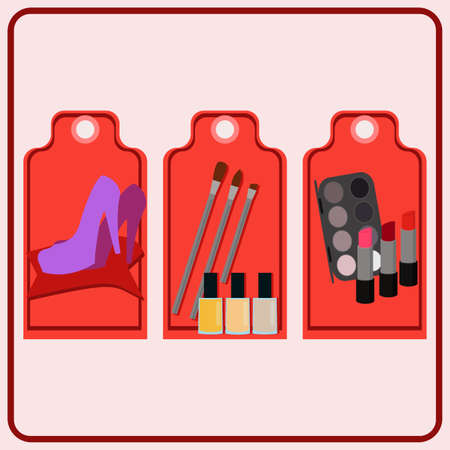 Tag templates on abstract background.  Organic,  Natural, Bio product. Professional cosmetics. Different trendy rainbow colors demonstration. Woman, girl modern decorative cosmetics accessory. Vectorのイラスト素材