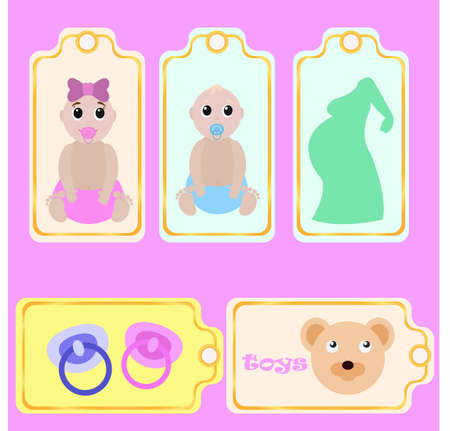 Collection of Baby shower cute ready-to-use gift tags. Printable hand drawn  labels. For invitation cards, greetings, posters. Cute Graphic. Baby shower invitation template. Vector illustrationのイラスト素材