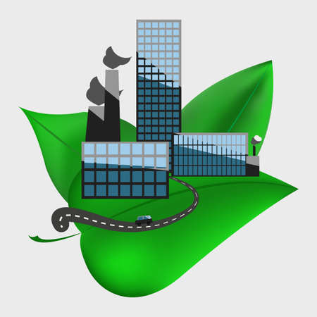 Green Urban Development Concept. Cityscape with ongoing construction surrounded by green leaves. Fully scalable vector illustration. Nature protection concept. Environment in danger. Ecologically safeのイラスト素材