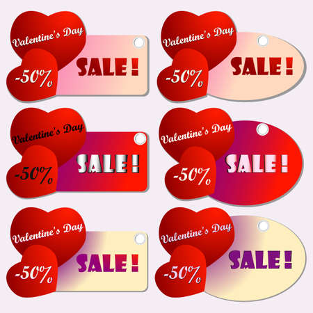 Happy valentines day cards with  hearts. Saint Valentine's day sale and discount banner announcement. Shopping sticker. Price reduction label, flier. Trade commerce element. Promo sign offerのイラスト素材