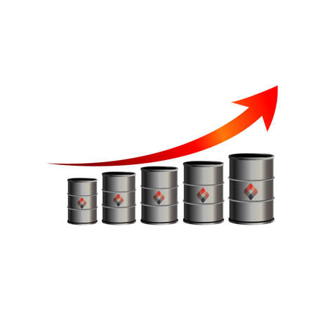 Crude oil price down, abstract illustration with barrel and diagram. Oil and gas production. Fall and rise of the price. Oil container. Finance diagram. Vector design illustrationのイラスト素材