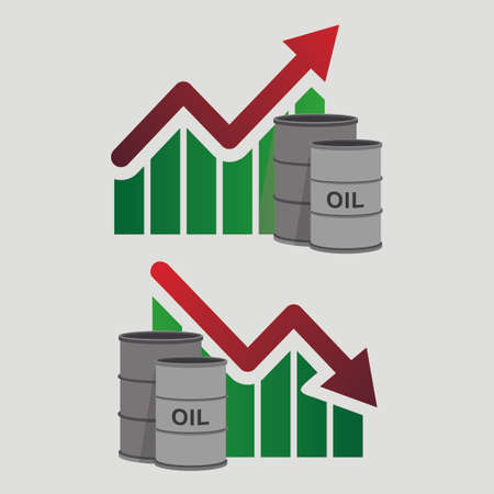Crude oil price down, abstract illustration with barrel and diagram. Oil and gas production. Fall and rise of the price. Oil container. Finance diagram. Vector design illustrationのイラスト素材