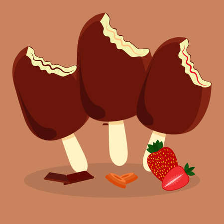 Set of ice-creams in chocolate. Chocolate, caramel and strawberry kinds of tasty ice creams on a stick. Dessert menu design. Delicious and funny design for frozen party. Vector illustrationのイラスト素材