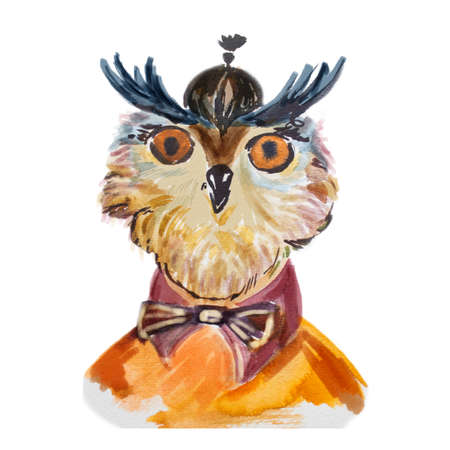 Cute owl hipster with a bow. Funny bird. Wise owl dressed up in cool clothes. Fashion animal design. Cartoon hipster. Watercolor creative poster. Symbol of wisdom. Hand drawn graphic. T-shirt designの写真素材