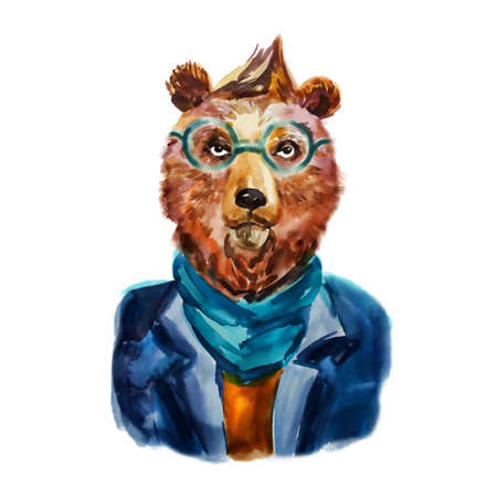 Hand drawn Illustration of hipster bear in scarf and glasses. Funny animal. Modern bear dressed up in cool clothes. Fashion animal design. Cartoon boy. Watercolor creative poster. T-shirt graphicsの写真素材