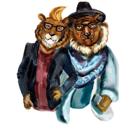 Cute modern hipsters lions. Stylish anthropomorphic lion couple. Fashionable friends lovers. Save...