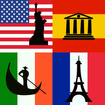 Set of Flags of America, Spaine, Italy and France with the most popular sights.のイラスト素材